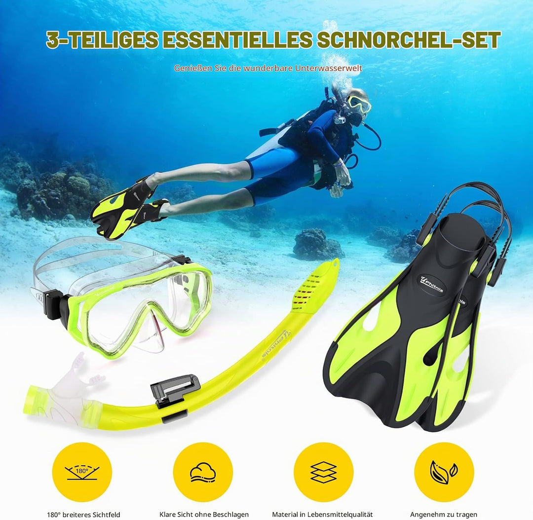 Schnorchelset Kinder mit Flossen,Anti-Fog 180°Panorama Taucherbrille Kinder, Verstellbaren Schwimmfl