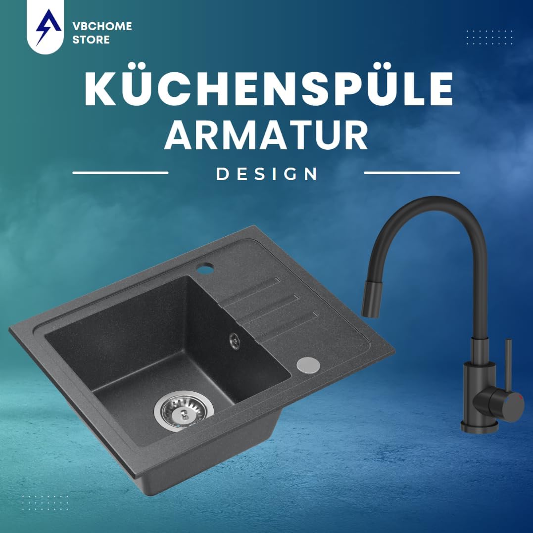 VBChome Spülbecken Granit Schwarz mit Armatur 55 x 44 cm Einzelbecken Einbauspüle Gesprenkelt Revers