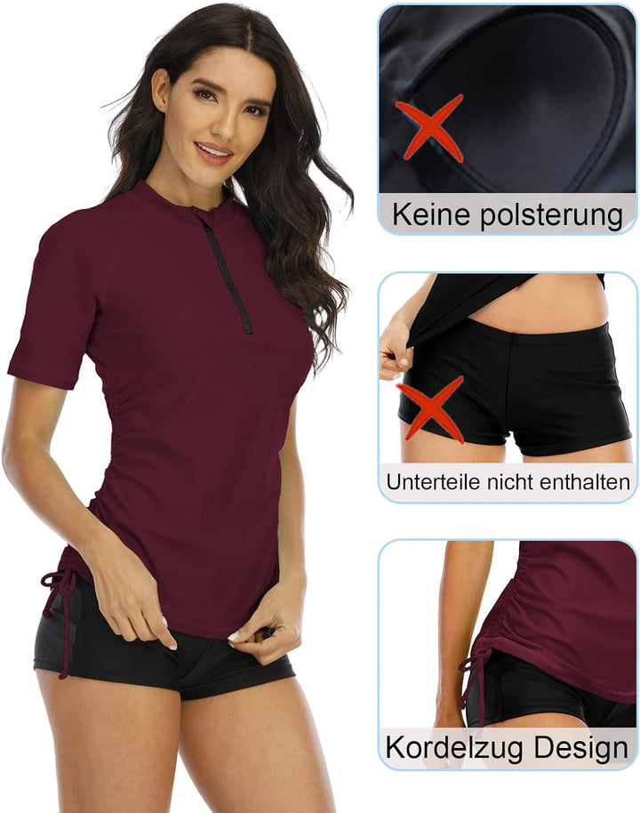 Halcurt UV Shirt Damen Kurzarm Rash Guard 1/4 Zip UPF 50+ Badeshirt Bademode Schnell Trocknender Sch