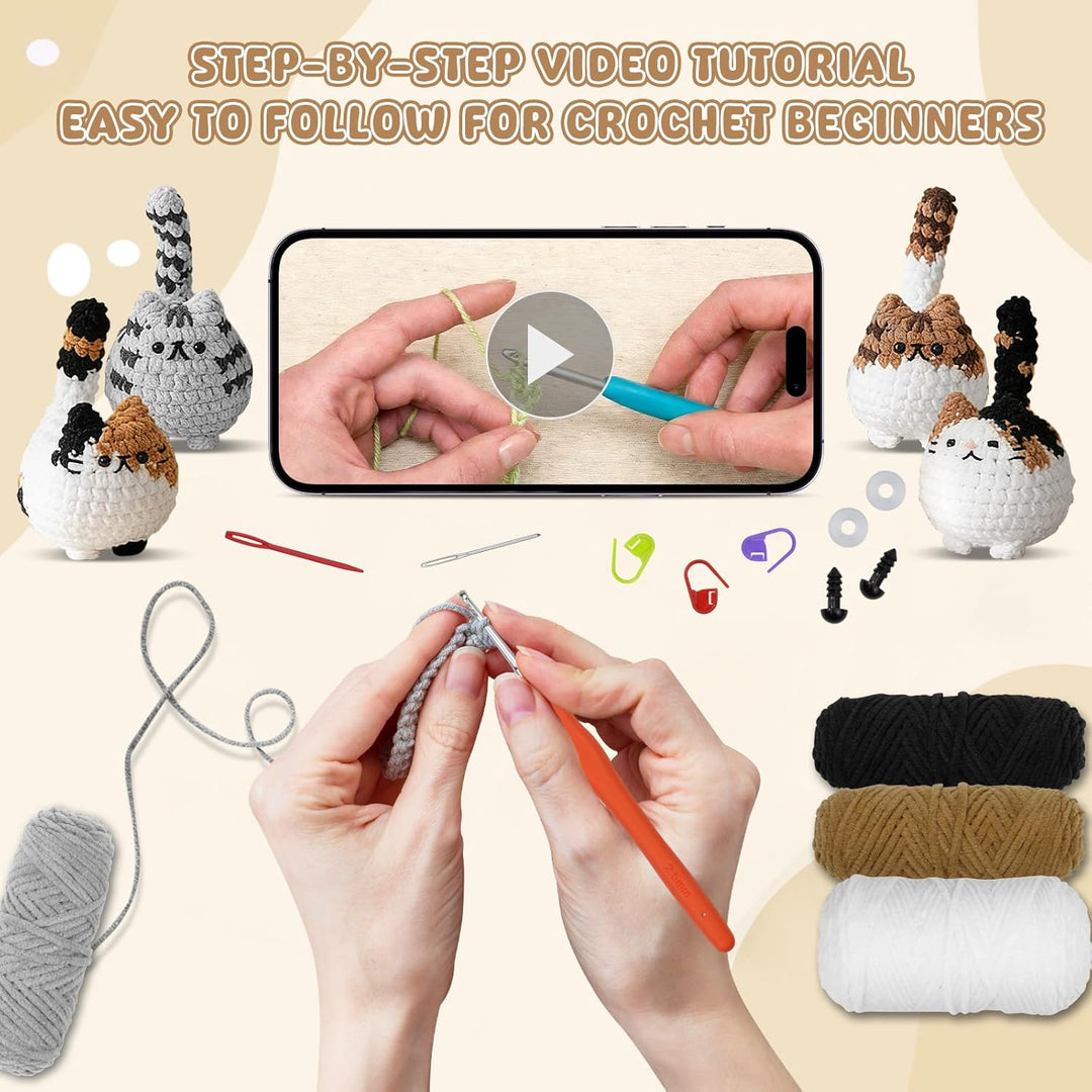 Ortviai Häkelset für Anfänger, Crochet Set Tiere Katzen, mit Garn und Zubehör, Schritt für Schritt A