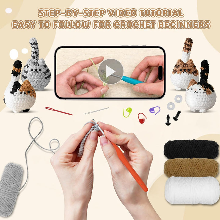 Ortviai Häkelset für Anfänger, Crochet Set Tiere Katzen, mit Garn und Zubehör, Schritt für Schritt A