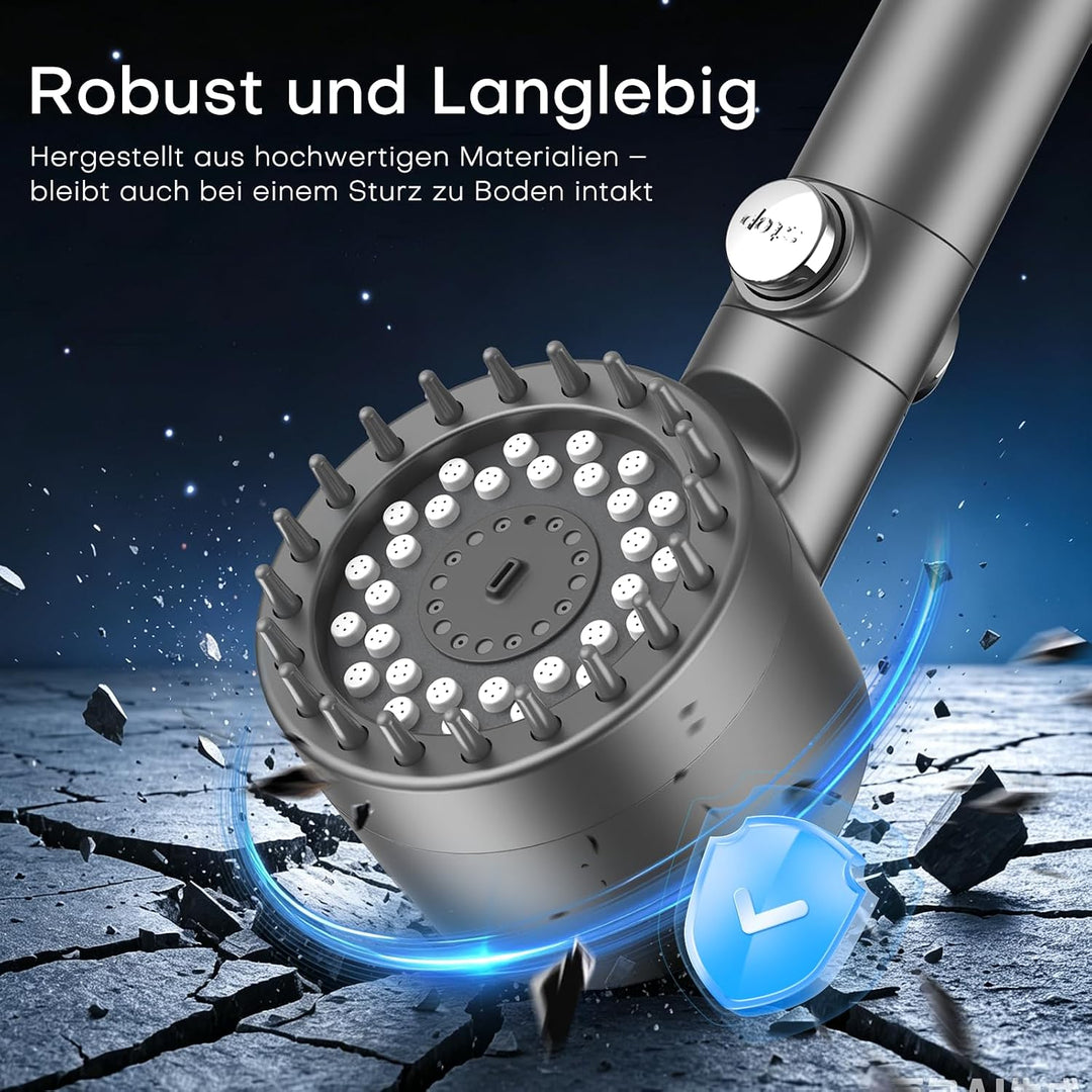 PWERAN Duschkopf mit Filter, 3+1 Strahlarten, Ein-Knopf-Wasserstopp, Grau Dunkelgrau 7.2 Liter pro M