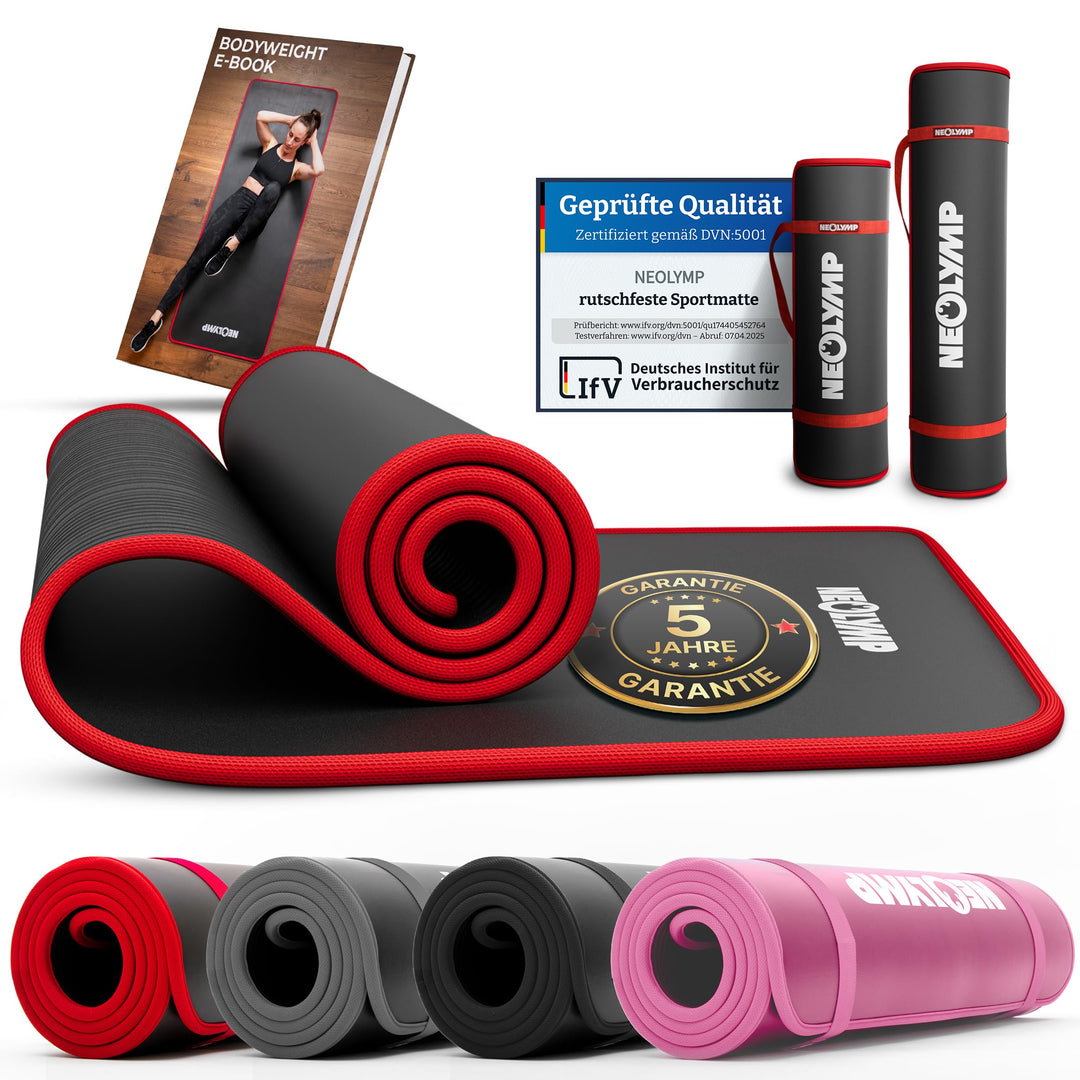 Fitnessmatte Schwarz + E-Book mit Übungen – Fitness Matte Gymnastik Matte Dicker Fitnessmatte Schwar