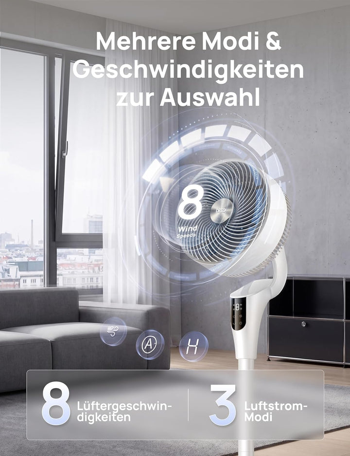 Dreo Leiser Standventilator, 1444m³/h Luftvolumen oszillierende Ventilator, 3 Stufen 6H Timer Turmve