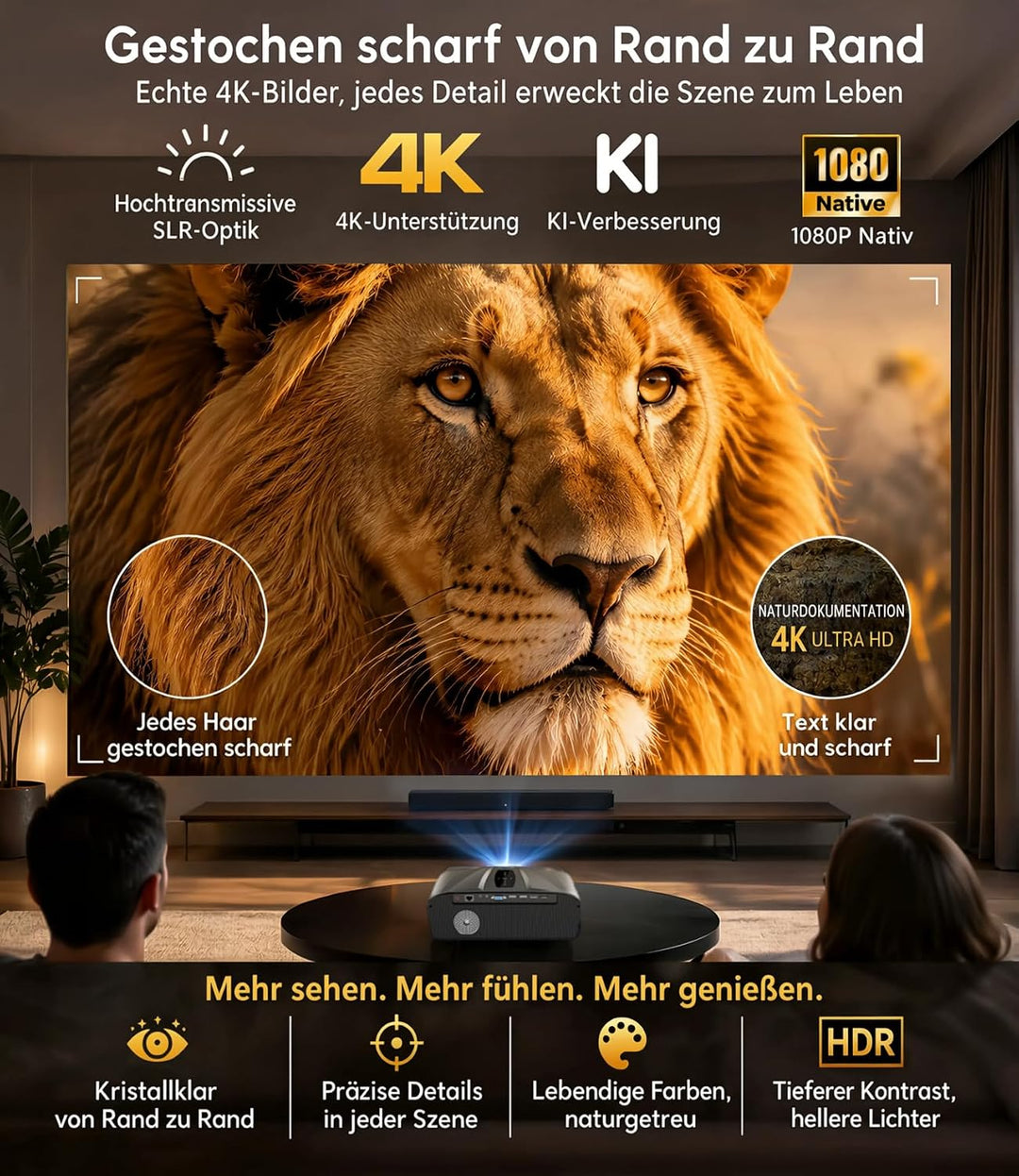 4K Beamer UHD 2300 ANSI Tageslicht Projektor Indoor Heimkino HDR10 WiFi6 Bluetooth NFC Smart Android