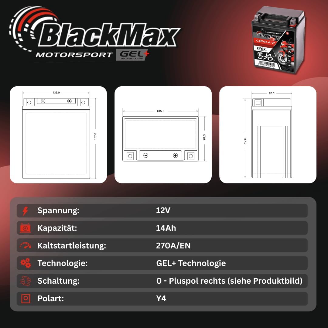 BlackMax YB14L-A2 GEL Motorradbatterie 12V 14Ah Batterie 51411 12N14-3A FB14L-A2 14Ah - 230A - YB14L