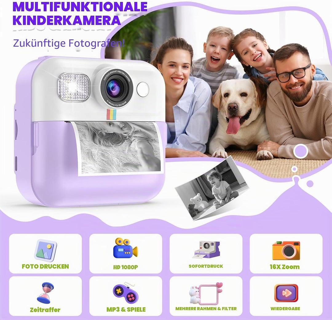 Kinderkamera Sofortbildkamera,Sofortbildkamera Kinder, 1080P Digitalkamera Kinder mit 32GB Karte Dru