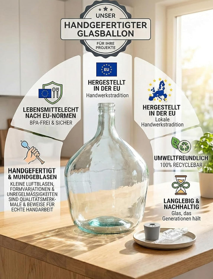 Weinballon + Gärröhrchen + Gummistopfen Gäreimer Glasballon Gärballon Glas (Weinballon SET) (5L), 5L