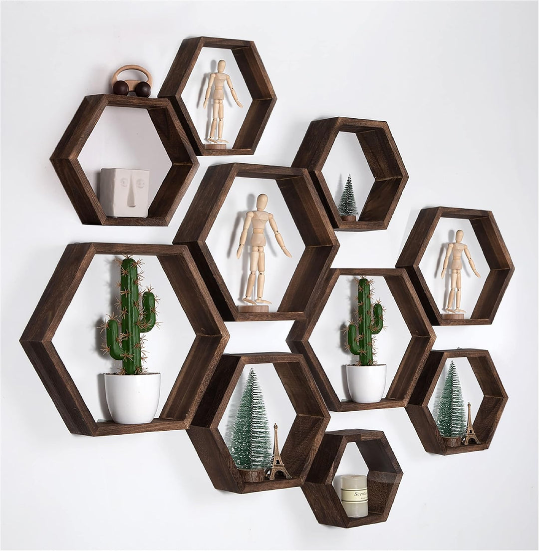 Sechseckige Wandregale Wabenförmige Regale 8er-Set Wandmontierte Holzregale im Landhausstil Wand-Auf