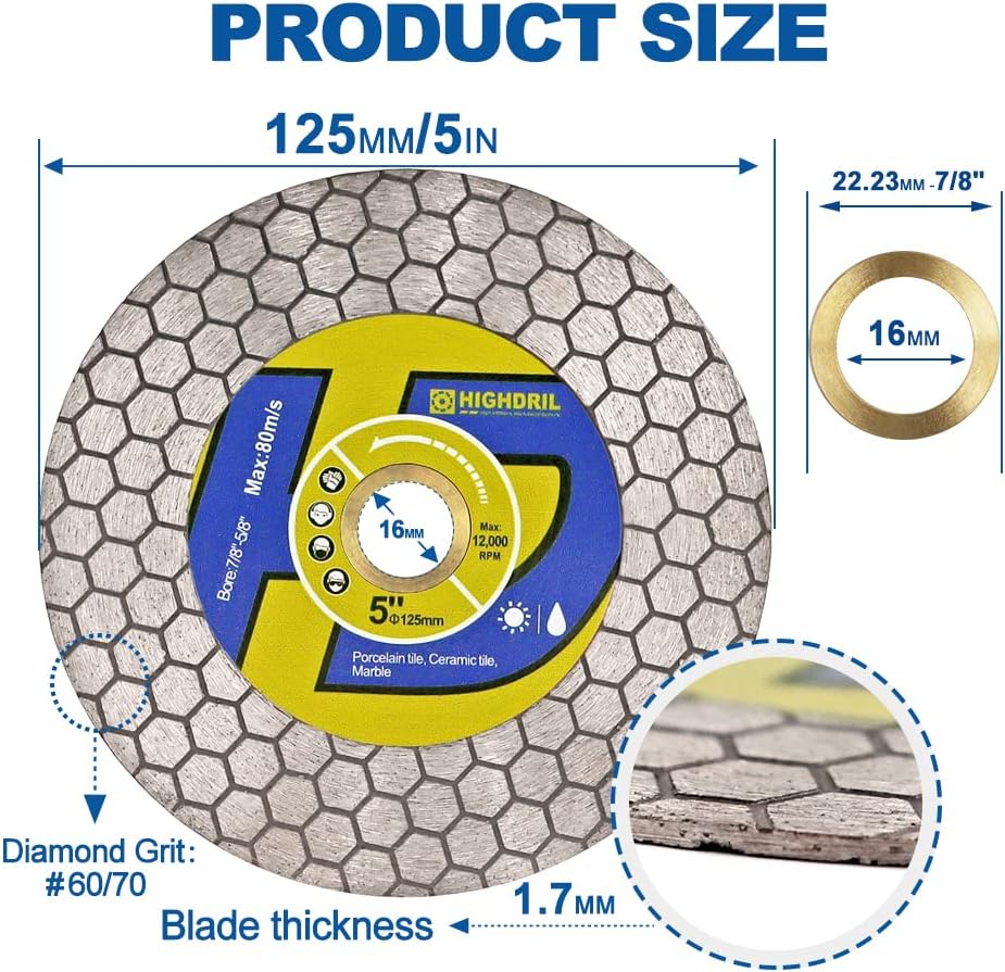 HIGHDRIL Diamant-Fliesensägeblatt – 125 mm Trenn- und Schleifscheibe für Porzellanfliesen, Granit, M