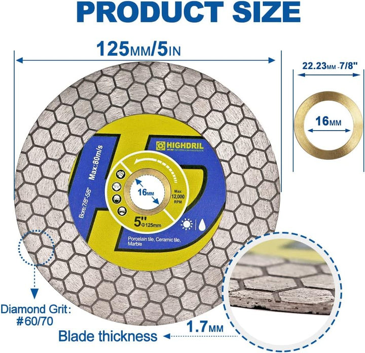 HIGHDRIL Diamant-Fliesensägeblatt – 125 mm Trenn- und Schleifscheibe für Porzellanfliesen, Granit, M