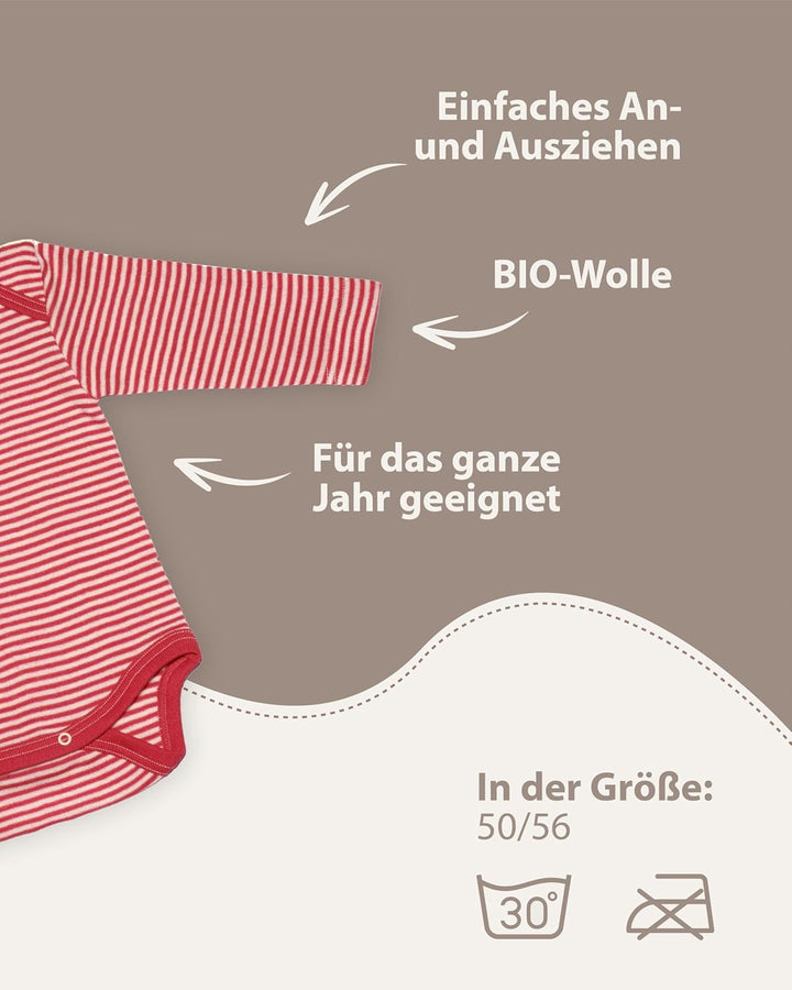 Cosilana, Baby Body Langarm, 70% Wolle, 30% Seide Rot Geringelt 86-92, Rot Geringelt 86-92