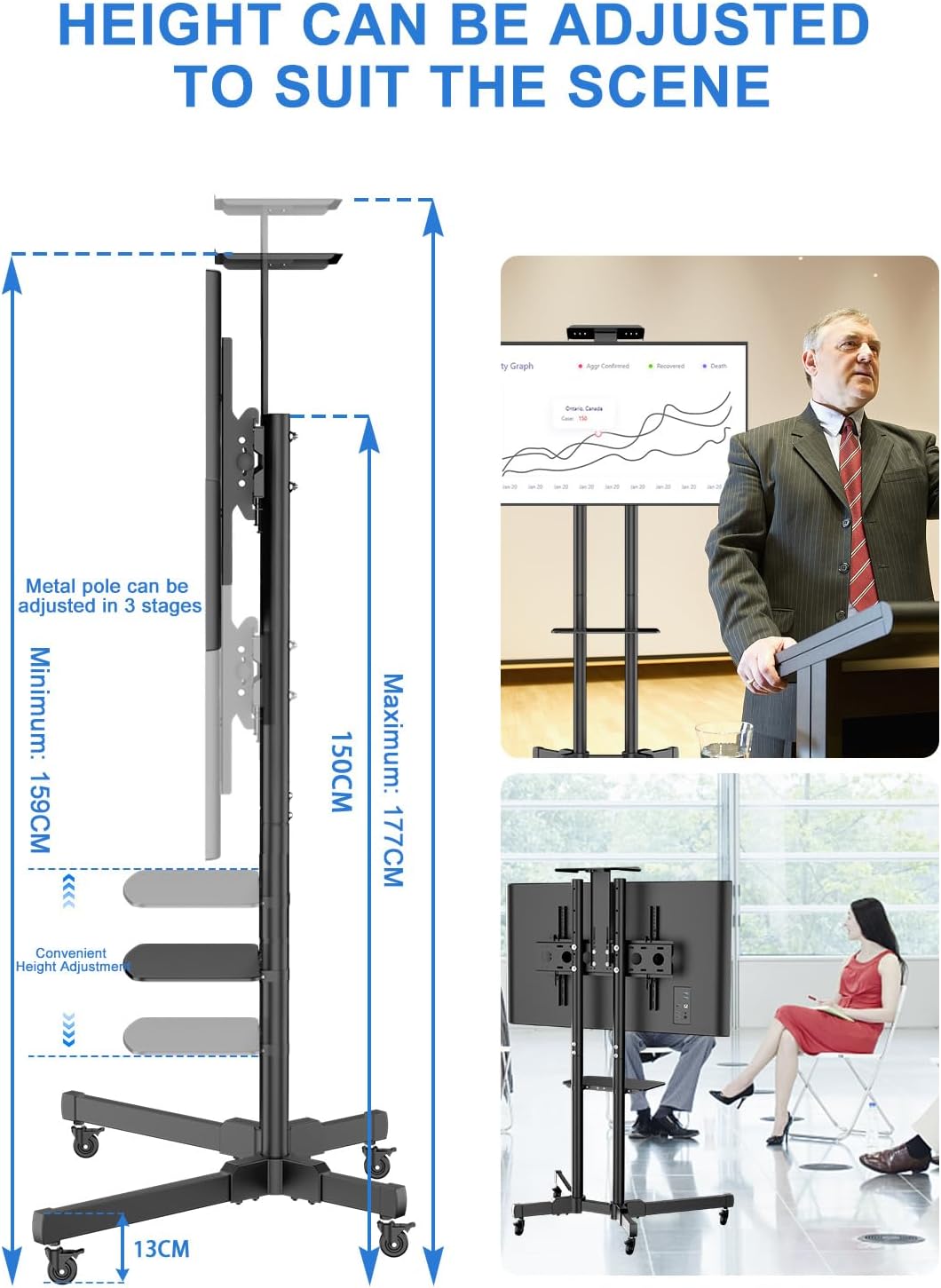 FORGING MOUNT TV Ständer Rollbar für 32-75 Zoll TVs bis zu 50kg, Doppelstützen-Design, Mobiler TV St