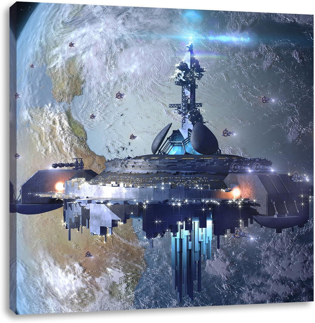 Pixxprint futuristisches Raumschiff vor der Erde, Format: 70x70 auf Leinwand, 70x70