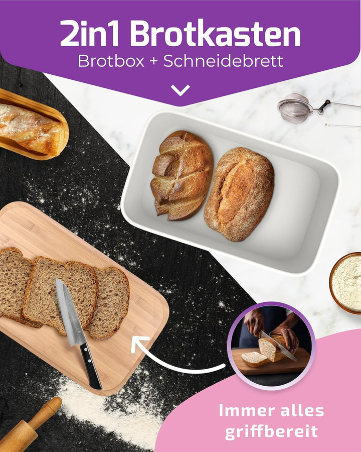 Brotkasten Weiss – Brotbox mit Bambusdeckel als Schneidebrett [2in1 Brotbehälter]- inklusive gratis