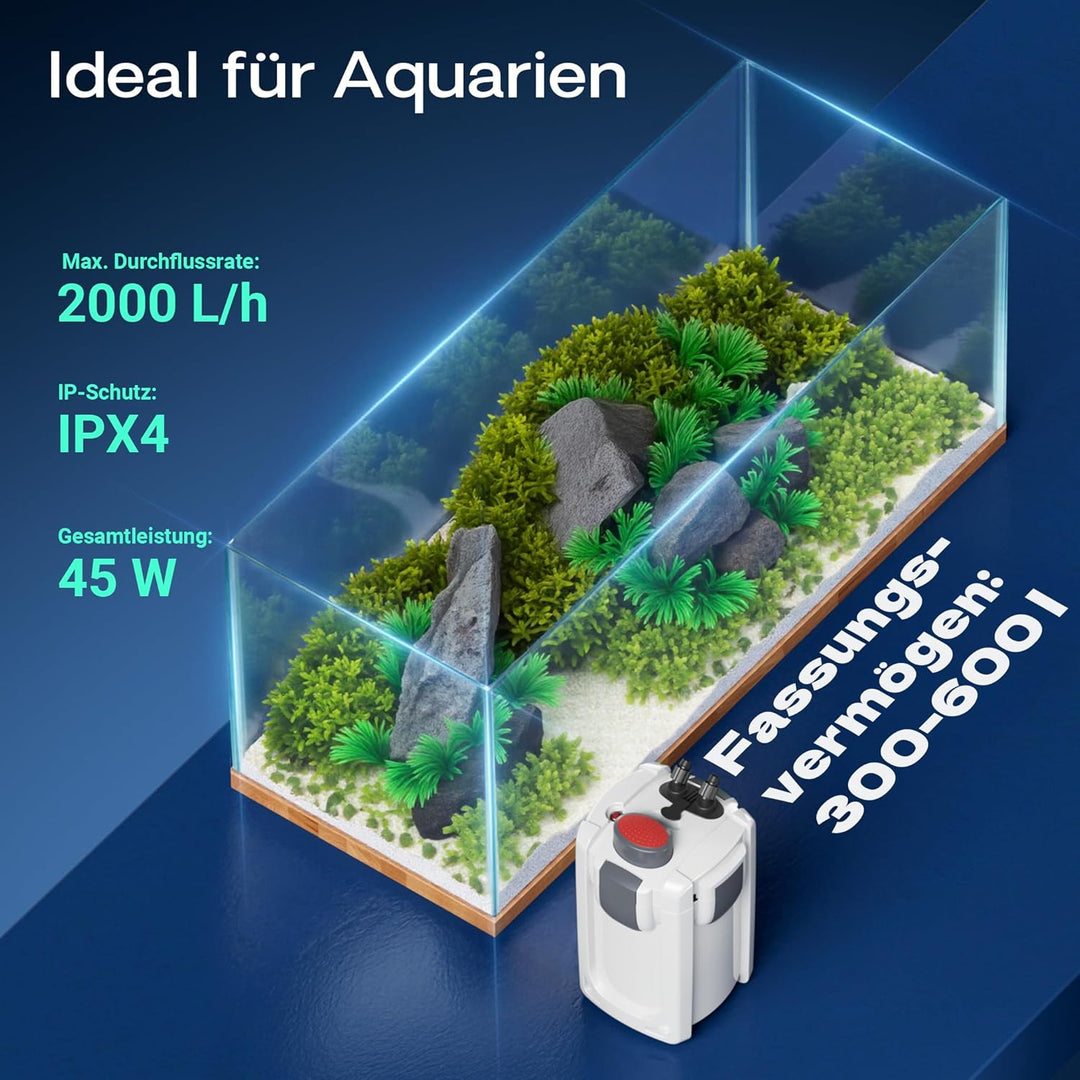 SunSun HW-704B Aquariumaussenfilter 2000 L/h 45 W mit 9 W UV und 4 Stufen Filter Aquarium