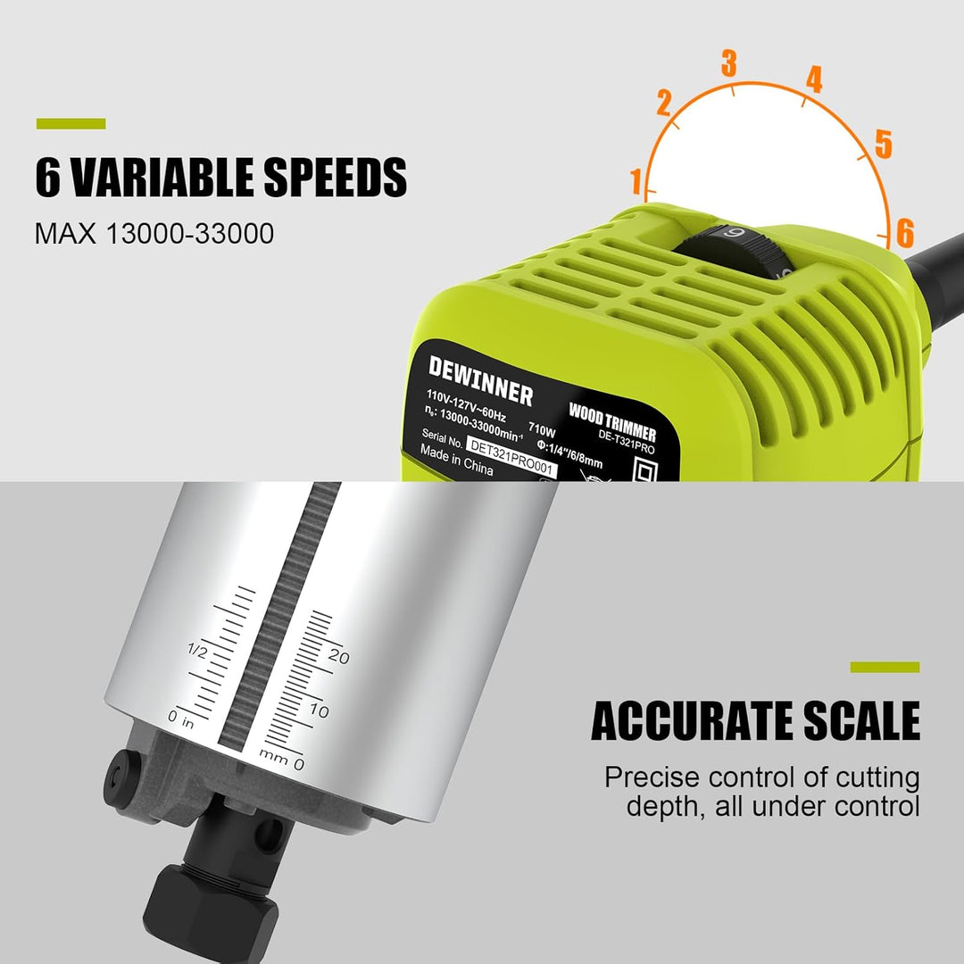 DEWINNER Router 710W Edge Router 13000-33000 RPM 6 Speed Levels 3 Clamps 1/4" and 8mm Professional L