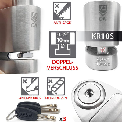 KRASER KR10S Motorrad Alarm Vorhängeschloss, 120dB Double Lock Anti-Diebstahl Bike Disc Clip mit War