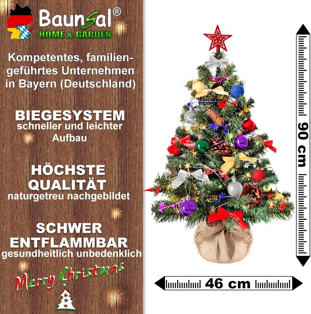 Weihnachtsbaum künstlich (WBD) 90 cm grün mit Weihnachtsdeko bunt und Led Lichterkette mit Batterieb
