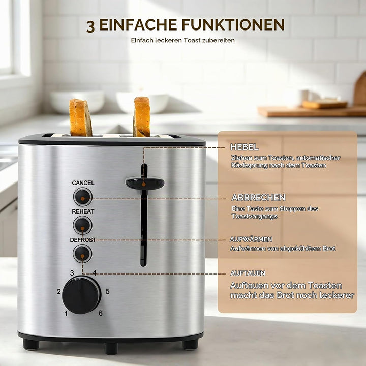 KitchenBoss Edelstahl Toaster 2 Scheiben：Toaster mit 6 Bräunungsstufen | Brötchenaufsatz, Abschaltau