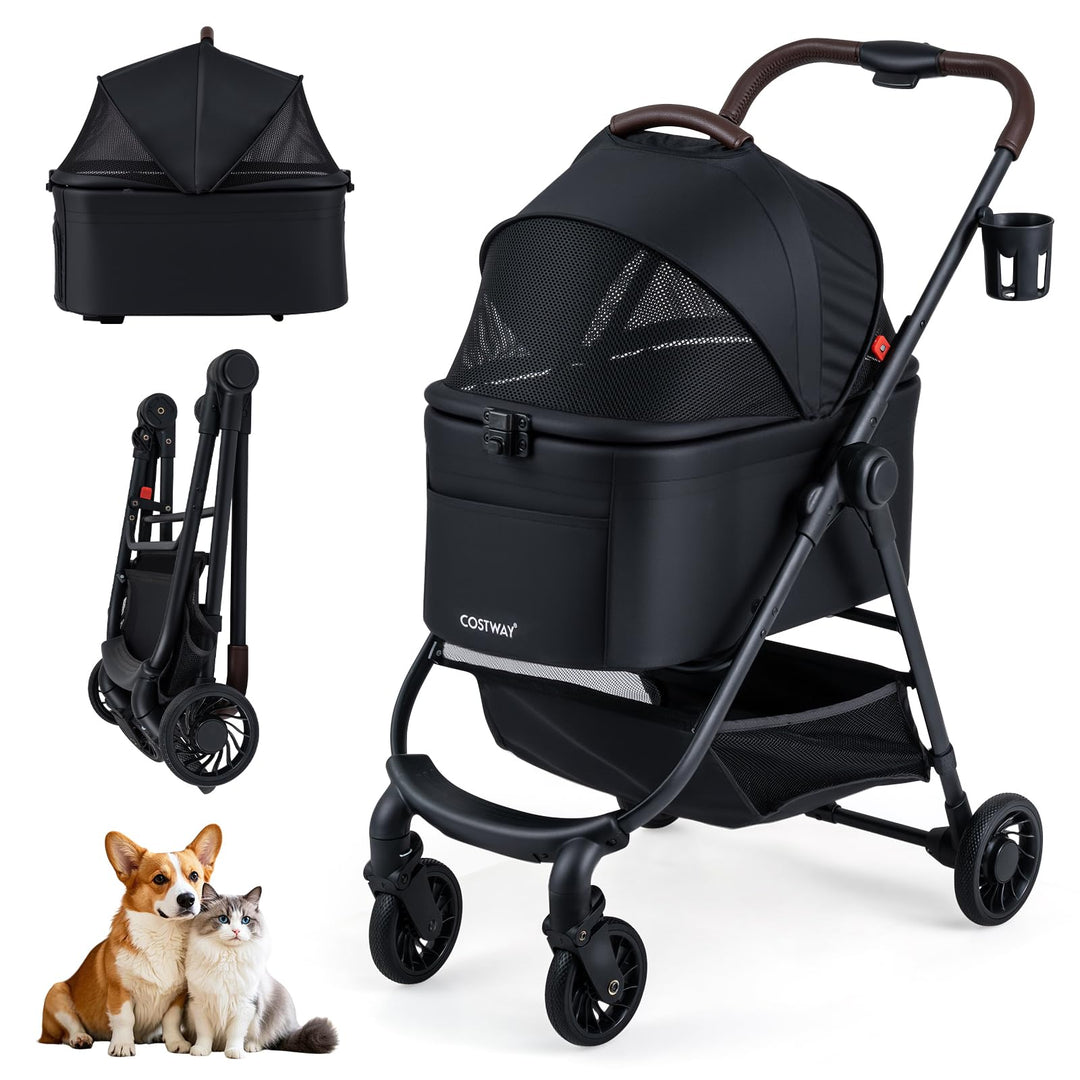 COSTWAY 3 in 1 Hundewagen, Hundebuggy mit verstellbarem Netzdach & Korb & Getränkehalter, Haustiere