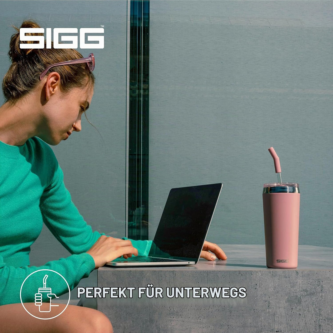 SIGG - Isolierbecher - Travel Mug Helia - Mit wiederverwendbarem Glastrinkhalm &amp; Reinigungsbürste -
