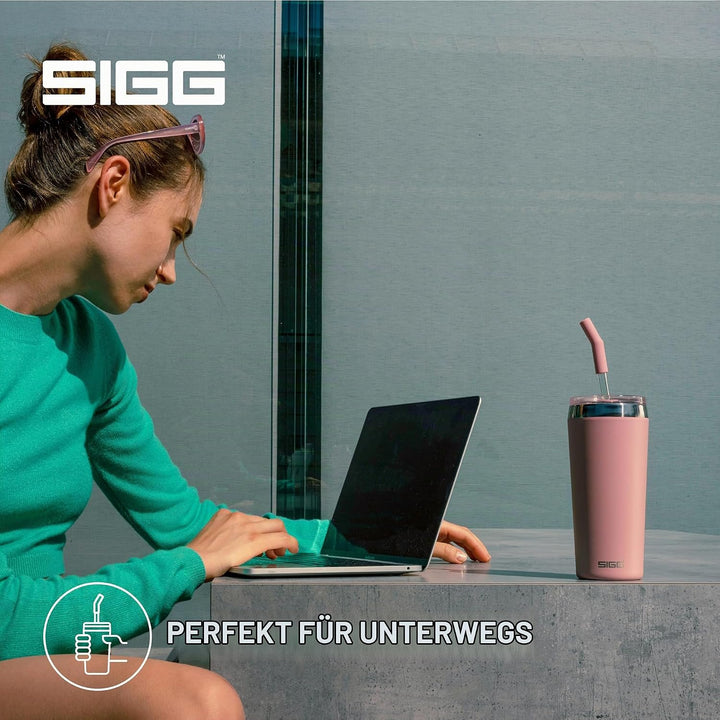 SIGG - Isolierbecher - Travel Mug Helia - Mit wiederverwendbarem Glastrinkhalm &amp; Reinigungsbürste -