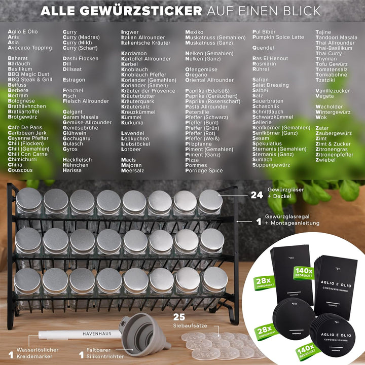 Havenhaus Gewürzregal Set | Gewürzregal stehend inkl. 24 Gewürzgläser + 336 Gewürzetiketten deutsch