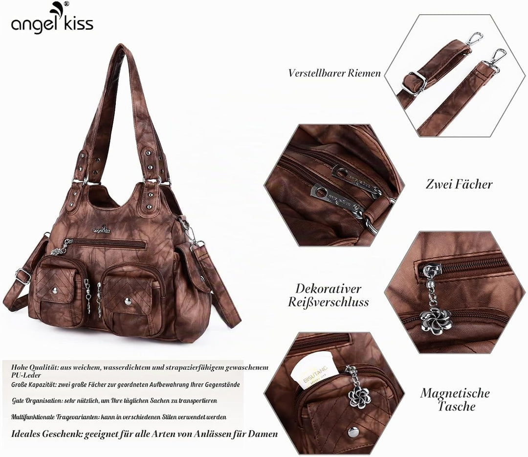 Angel Kiss Damen-Handtaschen, grosse Hobo-Tasche, weiches PU-Leder, Schultertasche für Damen Braun,