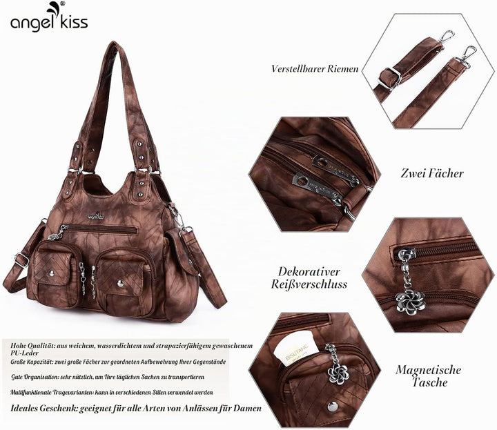 Angel Kiss Damen-Handtaschen, grosse Hobo-Tasche, weiches PU-Leder, Schultertasche für Damen Braun,