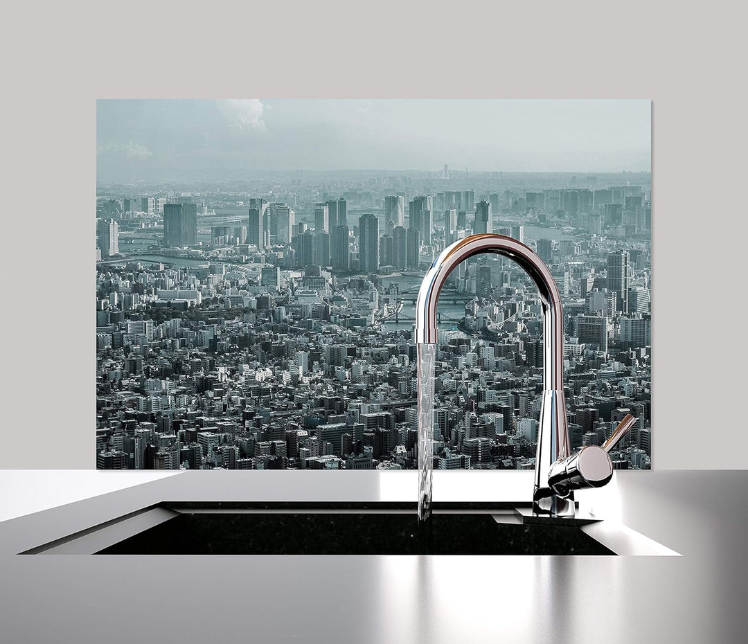 Cuadros Lifestyle Küchen Spritzschutz „Big City“ 60x40 cm | Küchenrückwand | Alu-DiBond Blende | Pan