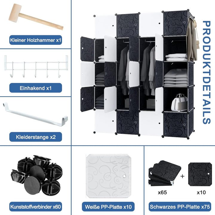 Regalsystem Steckregal aus Kunststoff Kleiderschrank mit Tür und Kleiderstange Schrank Schlafzimmer