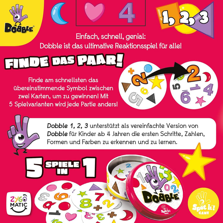 Zygomatic, Dobble 1,2,3, Eco-Sleeves, Kinderspiel, Kartenspiel, 1-5 Spieler, Ab 3+ Jahren, 10 Minute
