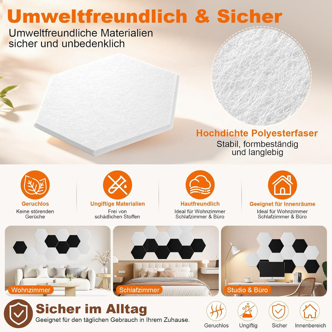 Rdutuok 12 Stück Selbstklebend Akustik Panel,30x26x1cm Hexagon Akustik Absorber Schallschutzplatten