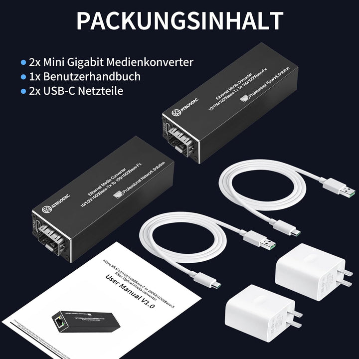 2 Stück Mikro Gigabit Glasfaser Ethernet Medienkonverter – 10/100/1000BASE-T RJ45 auf SFP, Duale Str