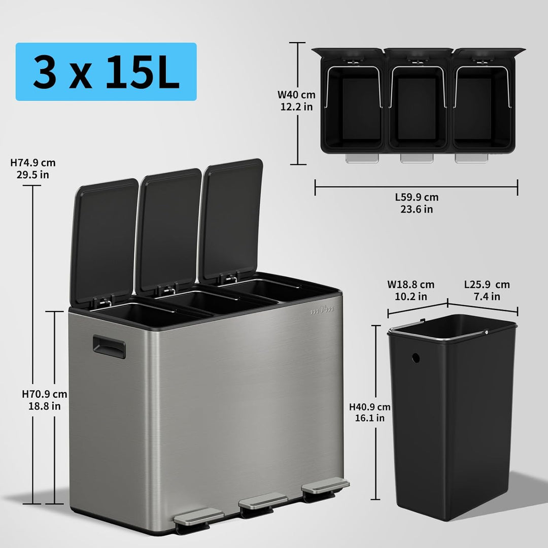 mVm Mülleimer Küche,45 Liter Treteimer,3 x 15 Liter Treteimer, 3 Fächer, Mülltrennsystem, Abfalleime
