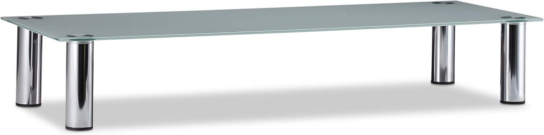 Relaxdays, weiss/Silber TV-Tisch Glas, verchromte Metallbeine, Bildschirmerhöhung, rechteckig, Glasa