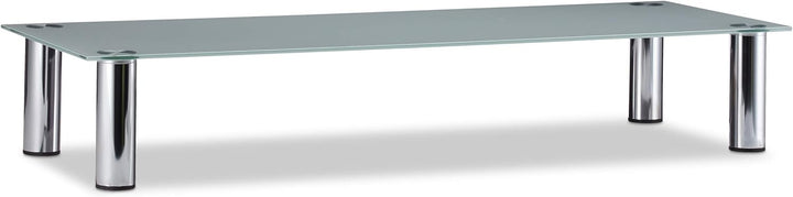 Relaxdays, weiss/Silber TV-Tisch Glas, verchromte Metallbeine, Bildschirmerhöhung, rechteckig, Glasa