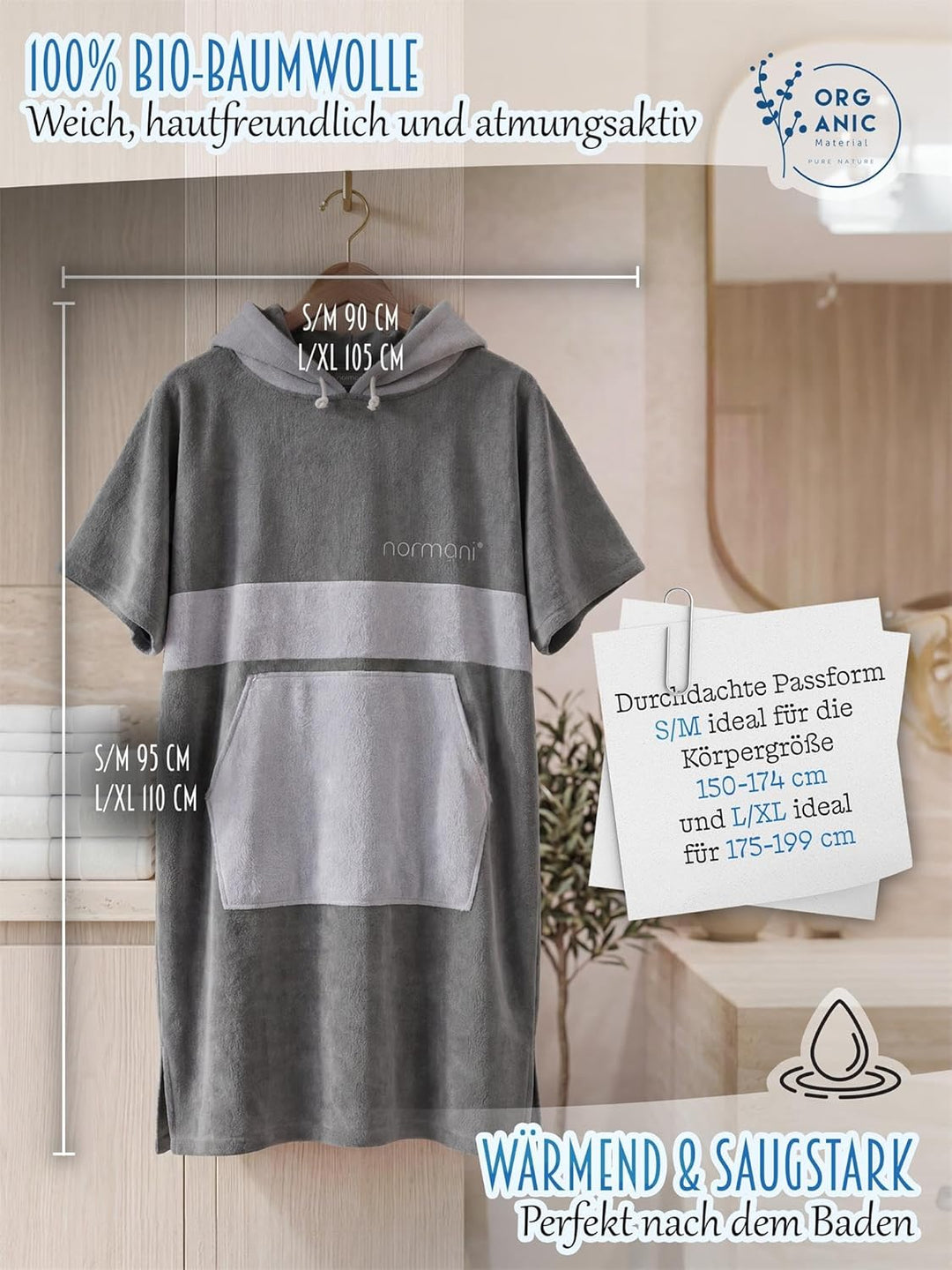 normani Baumwoll Surfer Poncho - Strandponcho - Handtuch-Poncho - Unisex Strand Umziehhilfe - geschl