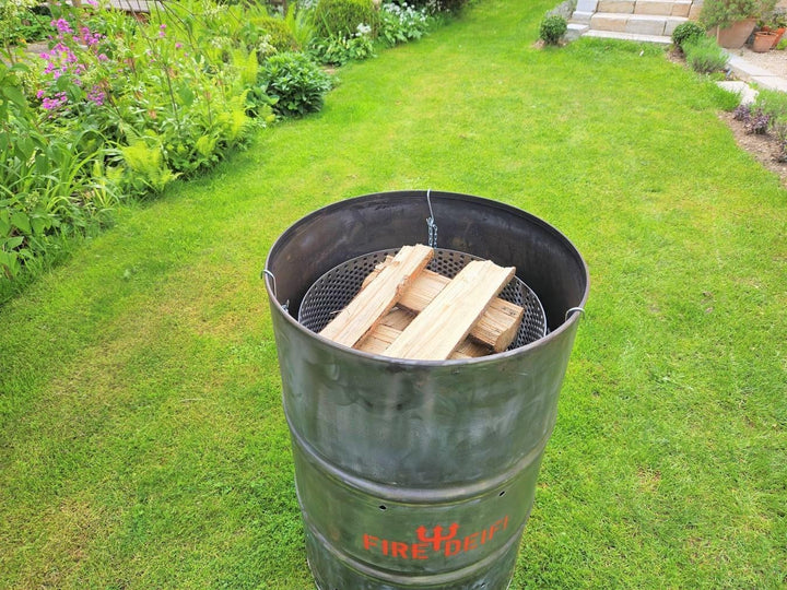FireDeifi Grillplatte Feuerkorb | Feuerbox | Feuerstelle | Trommel | ⌀48 cm | Inklusive Ketten und H