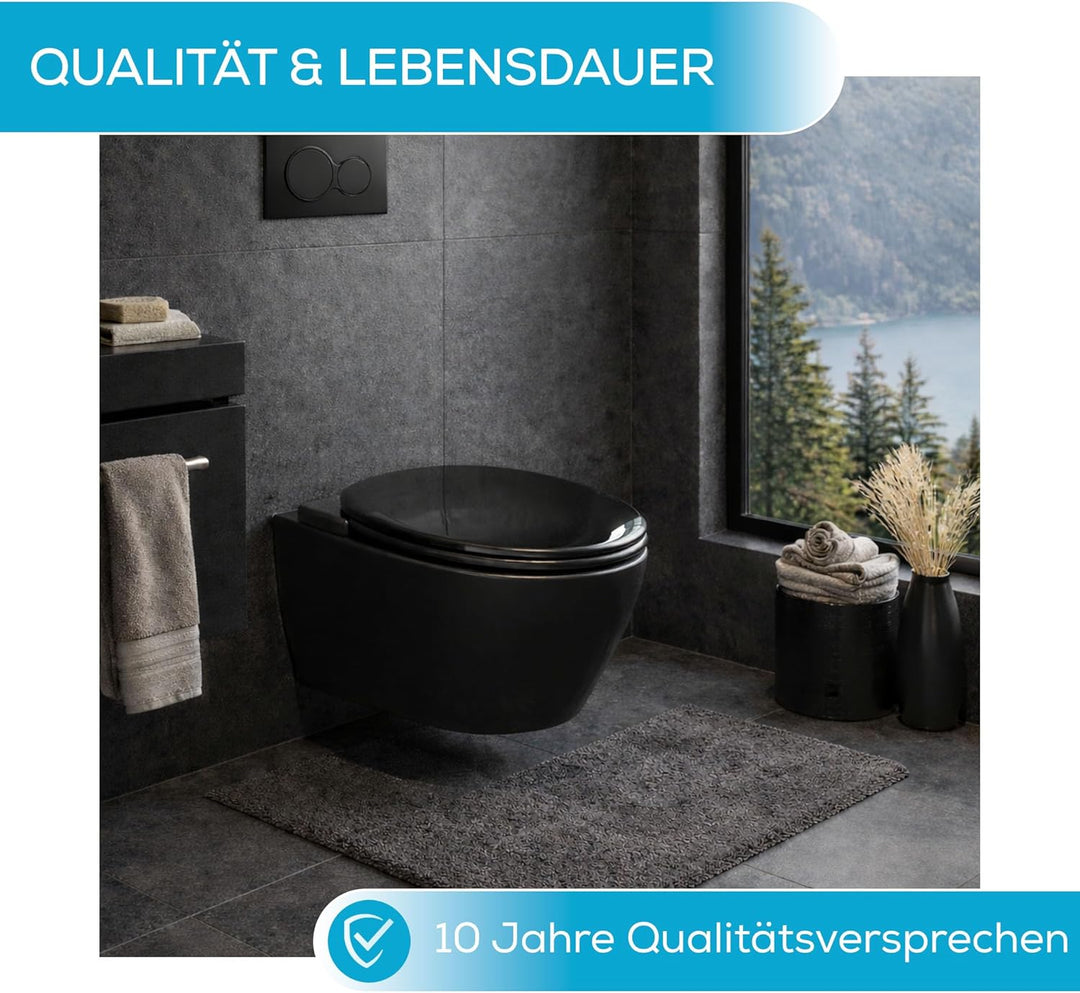 Toilettendeckel schwarz mit Absenkautomatik, WC Sitz Oval Duroplast mit Softclose, stabilen Edelstah