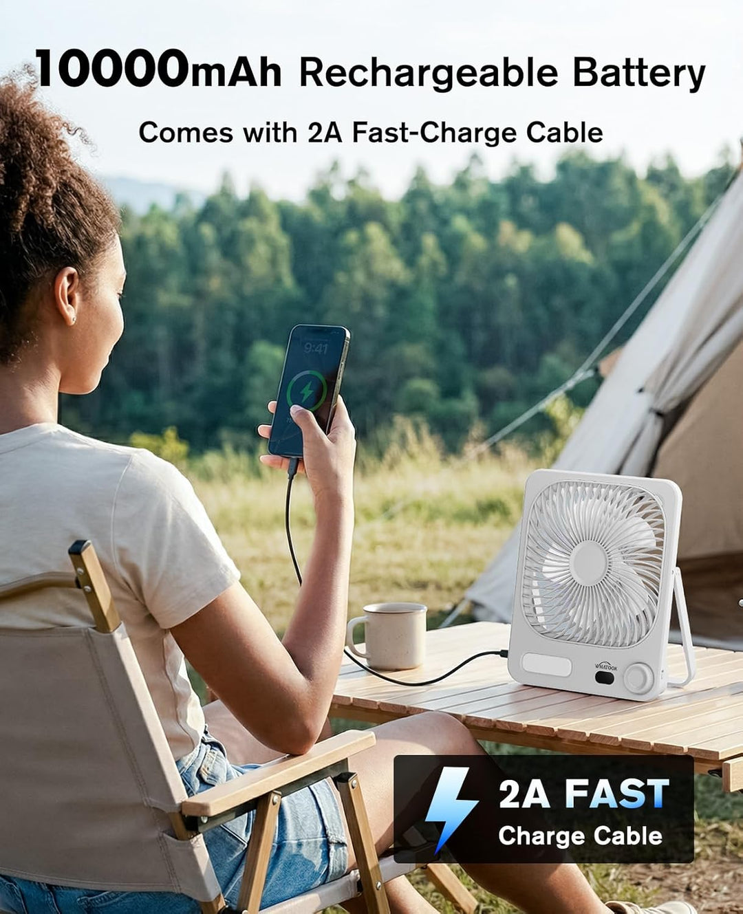 Akku Ventilator: 10000mAh 40H Tischventilator Leise mit 100 Stufen, 15s Auto-Aus LED Display, Reinig