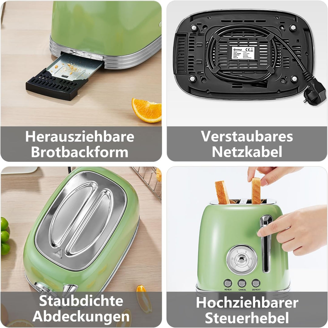 Wiltal Toaster 2 Scheiben, Toaster Retro, Toaster mit Brötchenaufsatz, Toaster mit Deckel aus Edelst