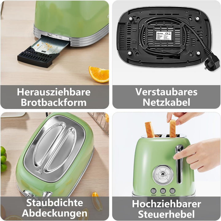Wiltal Toaster 2 Scheiben, Toaster Retro, Toaster mit Brötchenaufsatz, Toaster mit Deckel aus Edelst