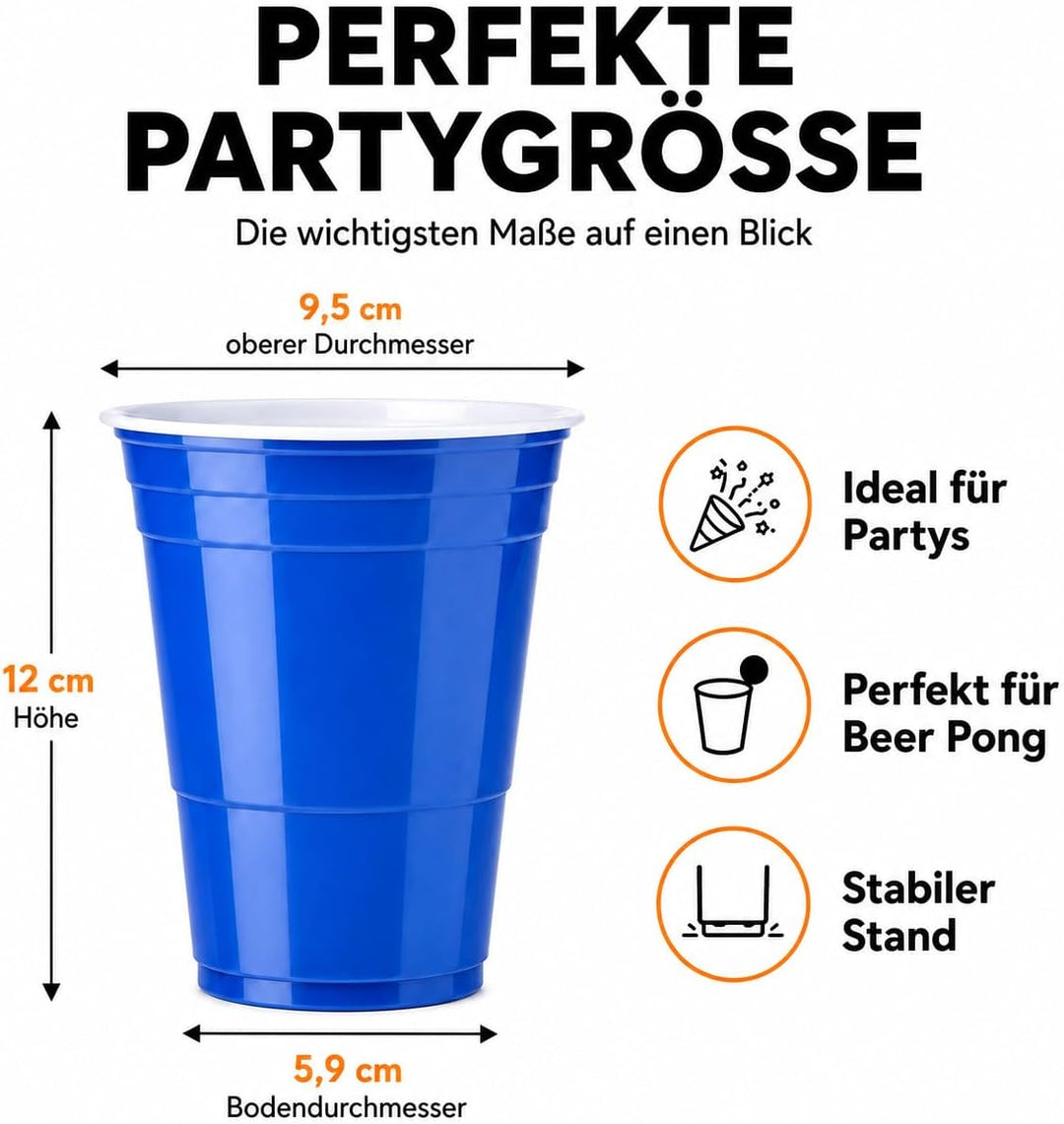 MYBEERPONG® Blaues Bierpong Becher Set: 100 Blue Cups (Markierung 0,4l + 0,5l) + 6 Beer Pong-Bälle -