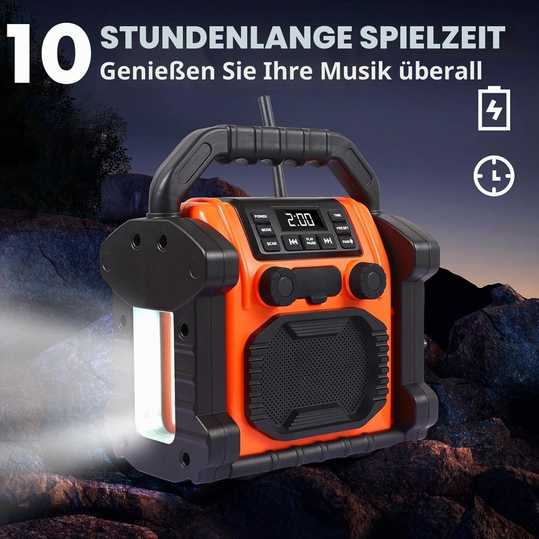 Jobsite Radio Bluetooth Speaker, 30W IPX 66 wasserdichter FM-Rundfunkuhr mit LED-Lichtern, Anti-Koll
