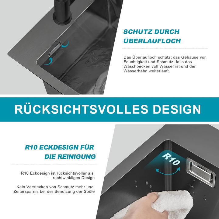 KEOKBON Spülbecken Küche Edelstahl Schwarz Anthrazit 60 x 50cm, Rechteckig Küchenspüle für 60cm brei