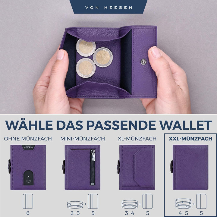 VON HEESEN Slim Wallet mit XXL Münzfach & RFID-Schutz - Leder Geldbeutel - Mini Geldbörse für Herren