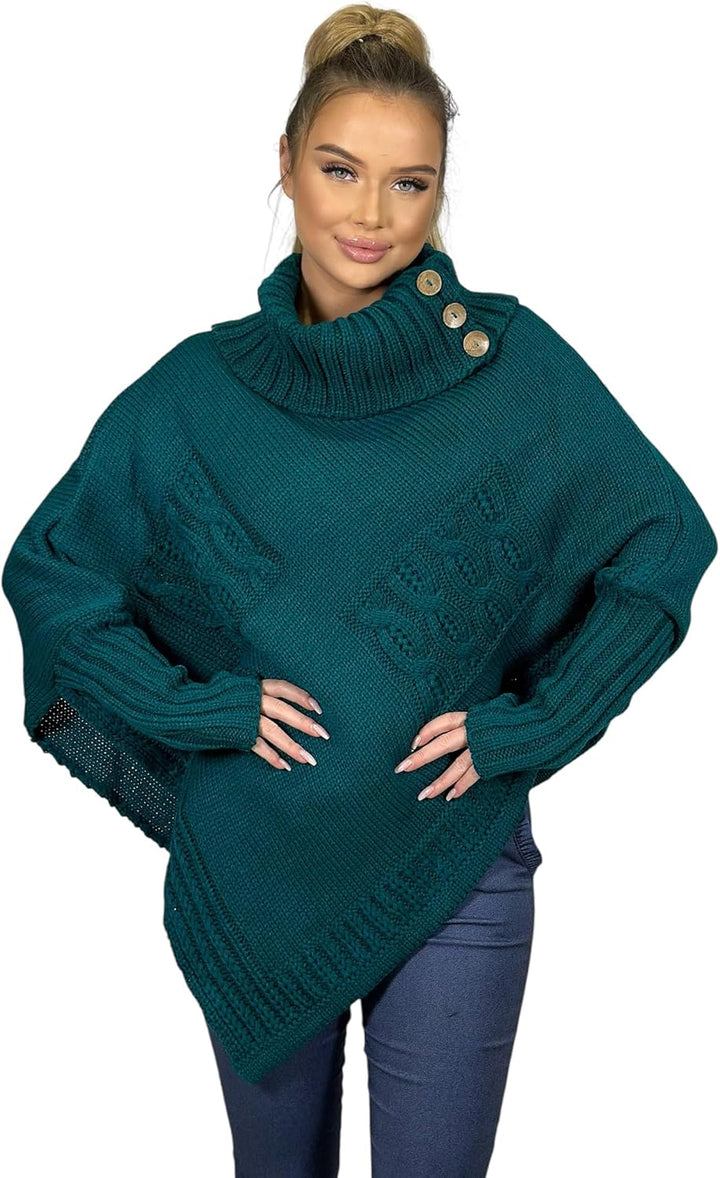 Mississhop Poncho Strick Sweatshirt Pullover Umhang Überwurf Einheitsgrösse Petrol, Einheitsgrösse P