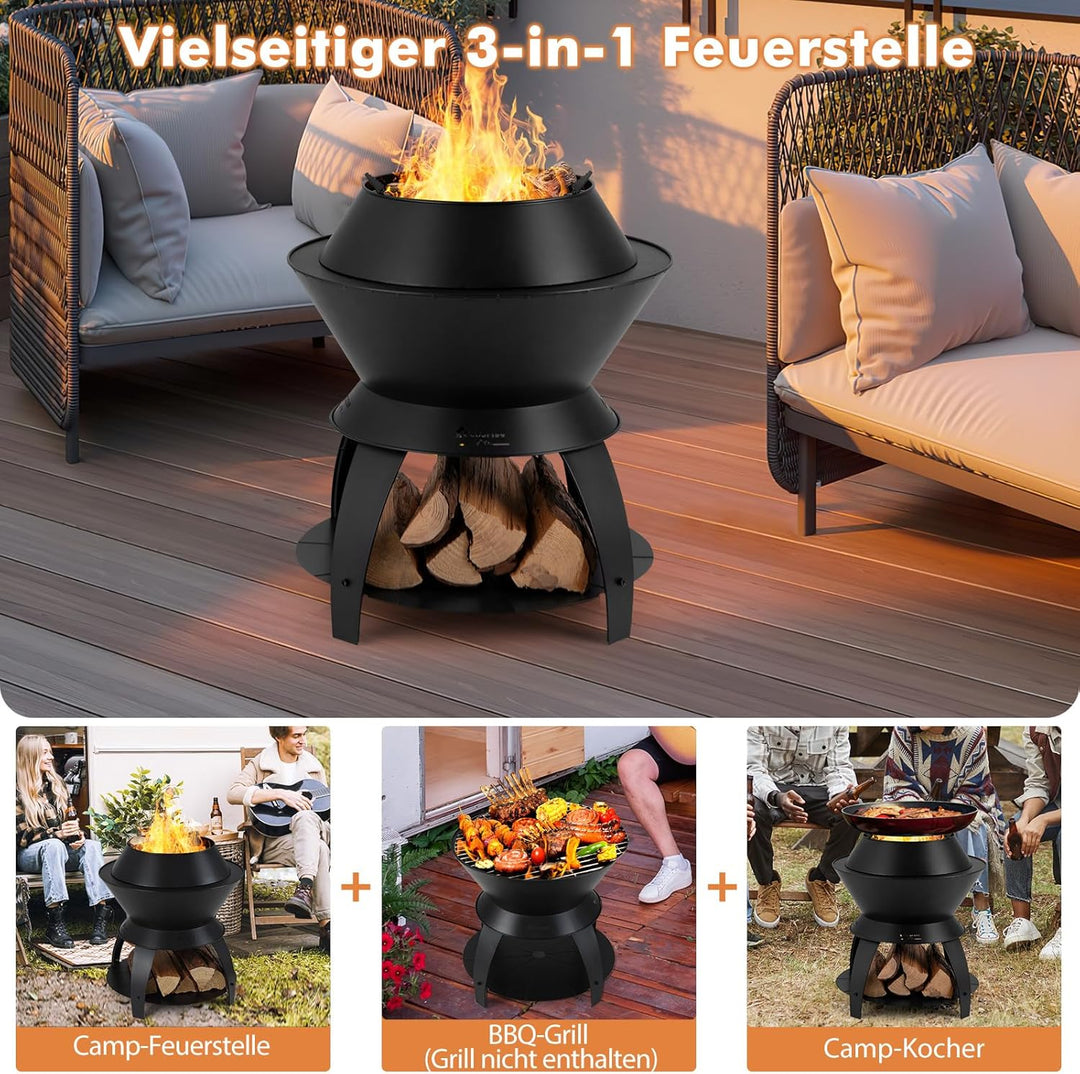 COSTWAY Feuerschale mit Topfhalter und Ablage, Feuerstelle mit rauchfreier sauerstoffangereicherter